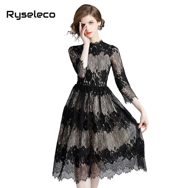 

Women Spring Crochet Floral Eyelashed Lace Dress Lady High Fashion Slim Chic Pleat Big Swing Midi Casual Holiday Party Clothing