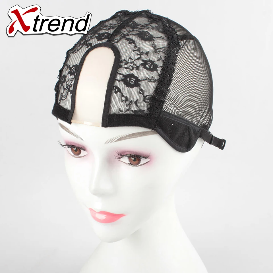 1pcs Black U Part Wig Cap With Swiss Lace Net For Making Wig With Adjustable Straps Top Stretch Gluless Weaving Cap