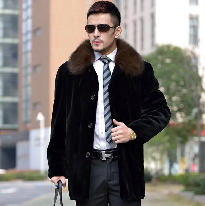 

Winter thicken warm faux fur coats mens leather jacket slim mink fur coat men medium-long overcoat jaqueta de couro