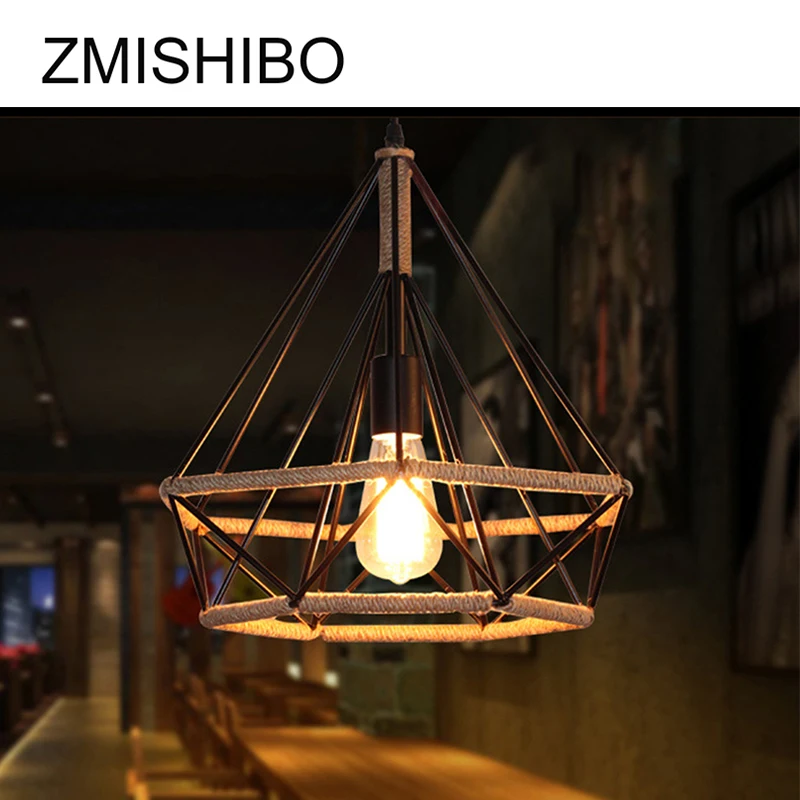 ZMISHIBO железные подвесные светильники Алмазная форма пеньковая веревка абажур E27