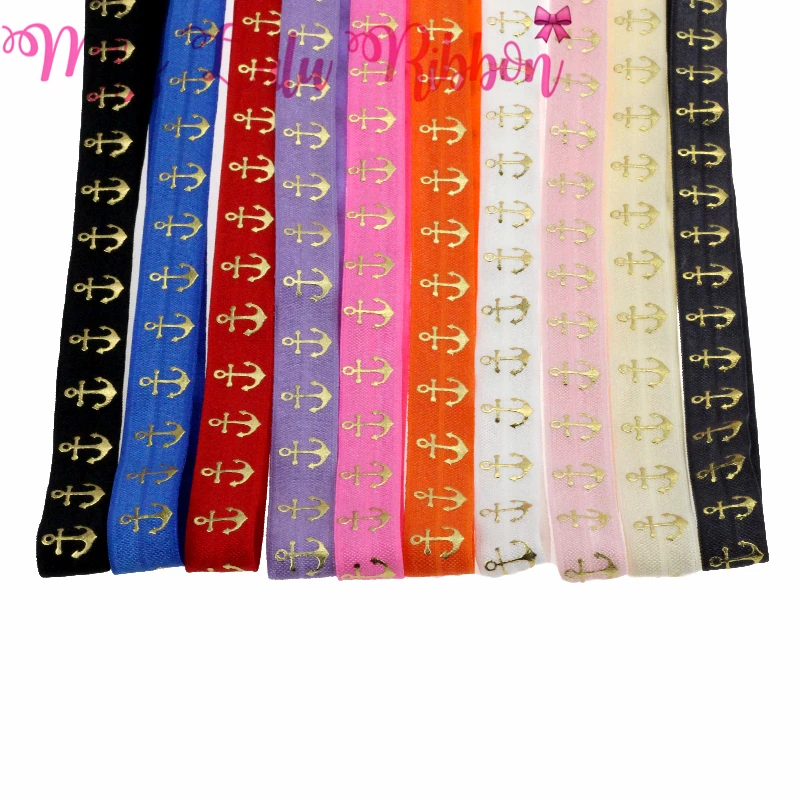 

Gold Foil Print Elastic Ribbon Boat Anchor Foe Bands DIY Handmade Knot Hair Tie Webbing Hair Accessories 10 Yards/roll