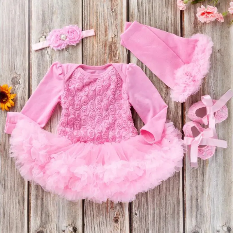 

3D Rose Girls Valentines Day Outfits Lace Romper Dress Headband Shoes Leg Warmers Newborn Baby Girl Clothes Sets Infant Clothing