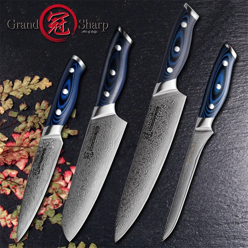 Grandsharp Дамасские Ножи шеф-повара японские Дамасские кухонные ножи VG10 шеф-повара Santoku кухонные ножи с ручкой G10