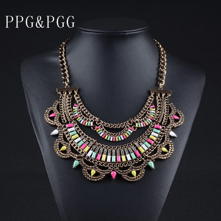 Ожерелье-чокер женское в богемном стиле винтажное большое колье с цветными