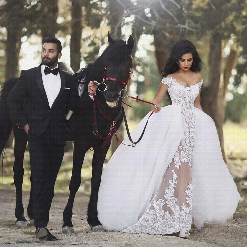 2019 New Arabic Romantic Off Shoulder Wedding Dress With Detachable Train Sheer Applique Vestido De Noiva Bridal Gowns | Свадьбы и
