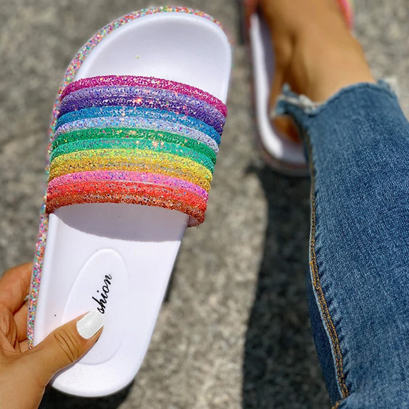 Summer Slippers Women Shining Rainbow Outside Slide Funny Lips Crystal Flat Sandals Beach Slides Casual Plus Size 36-43 | Обувь