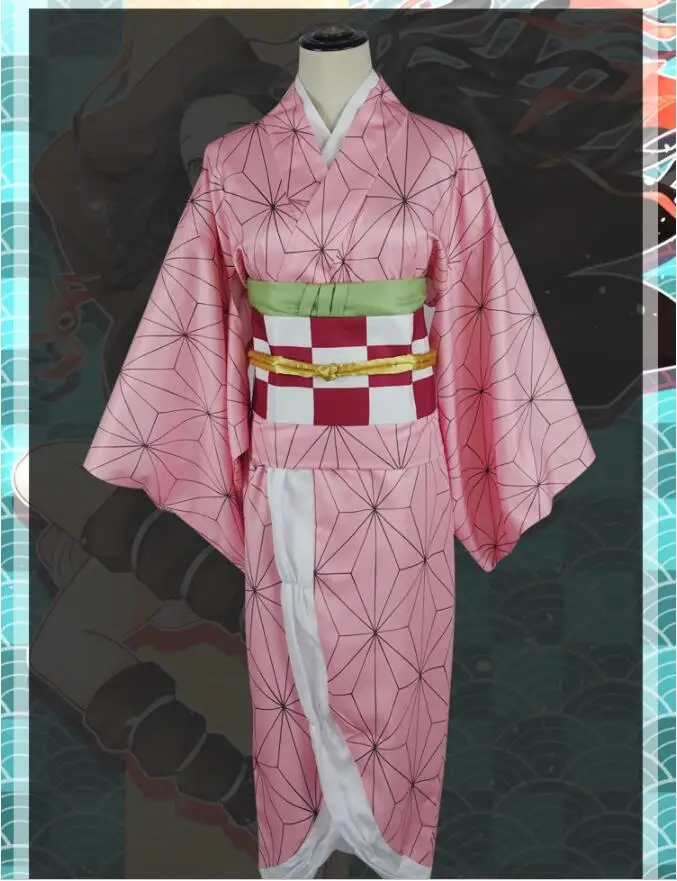 Костюм для косплея Kimetsu no Yaiba Kamado Nezuko, кимоно, парик гэта, обувь, головной убор, японское аниме, платье на Хэллоуин