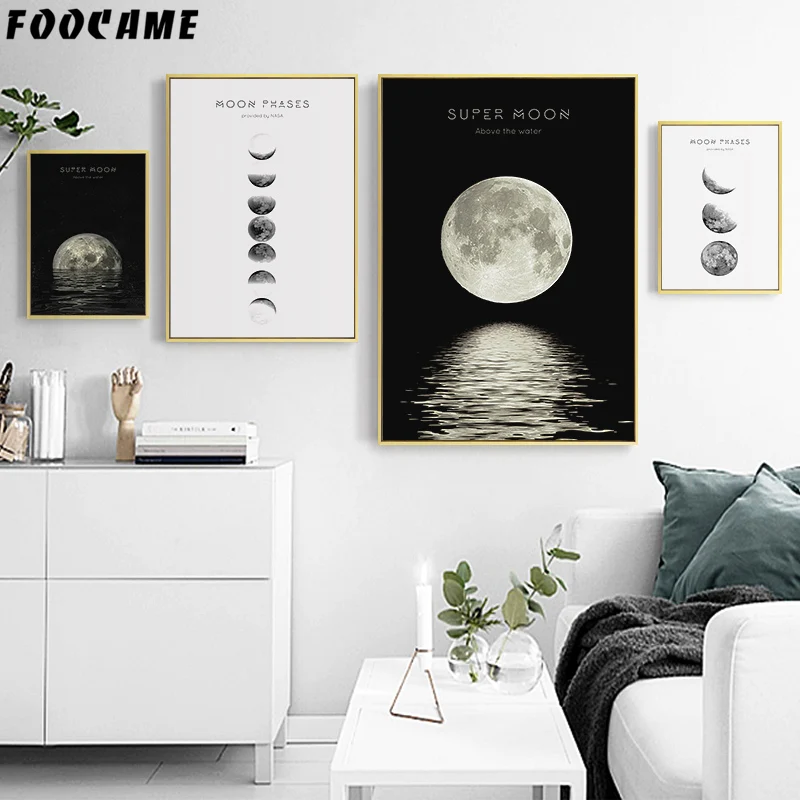 Super Moon Phases Space Planet скандинавский постер черно белый настенный художественный