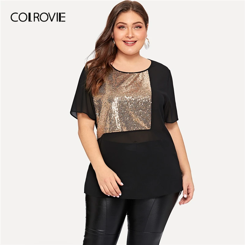 COLROVIE размера плюс, черная, контрастная, блестящая, прозрачная блузка, рубашка, женская,, летняя, короткий рукав, повседневная, офисная, для девушек, блузки и топы