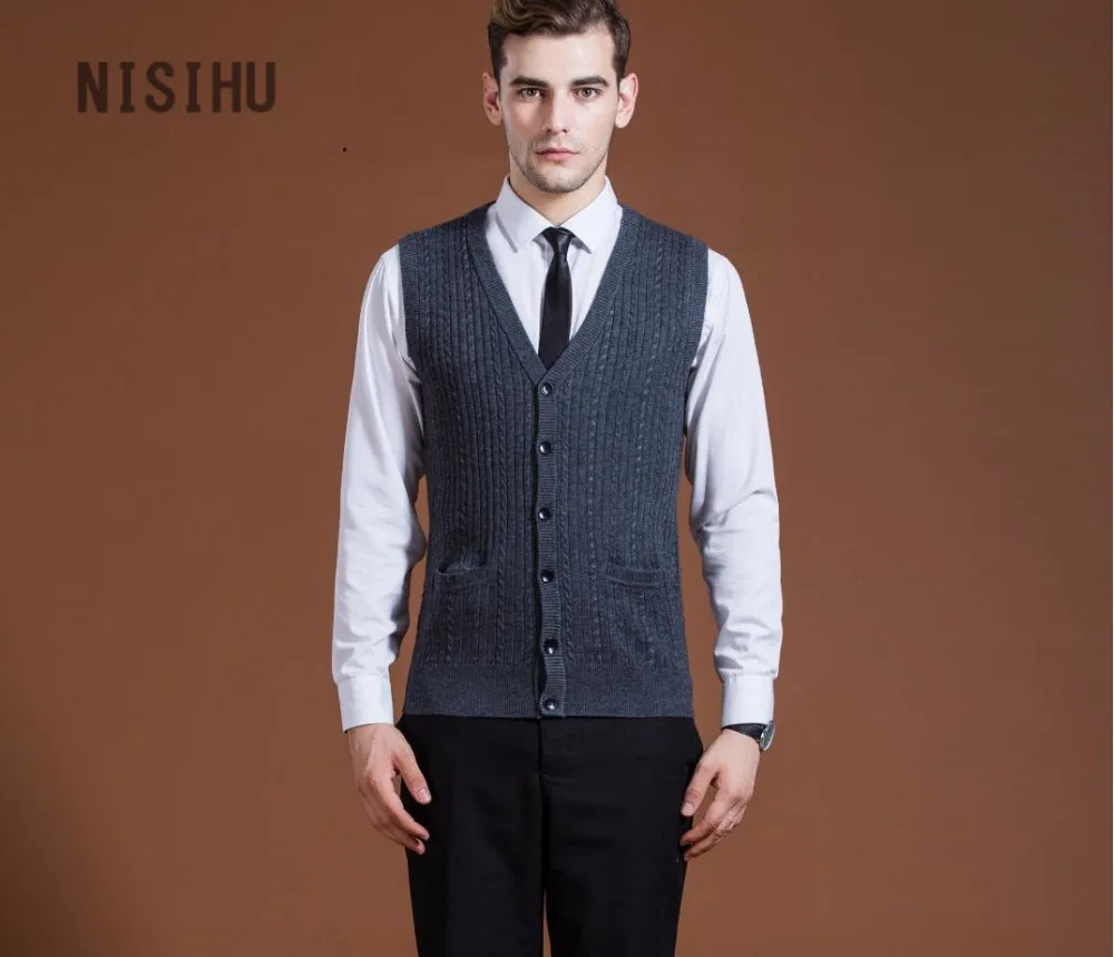 Мужской однотонный кашемировый кардиган без рукавов с треугольным вырезом