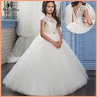 Белое кружевное платье цвета слоновой кости с цветами для девочек, бальное платье длиной до пола, платье для первого причастия, платье принцессы для детей 2-12 лет