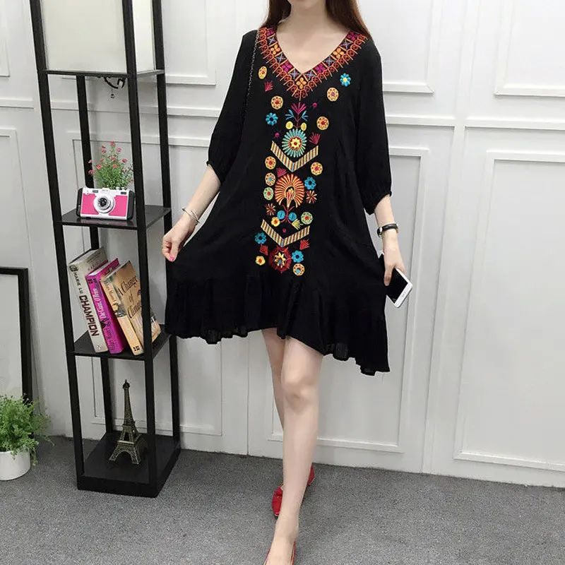 Большие размеры богемные платья с вышивкой 2017 шикарное хлопковое белье v