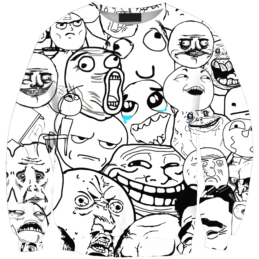 

New arrival fashion Unisex Sweatshirt 3D rage comic print simple Casual white relaxtion oversized Clothes Free shipping