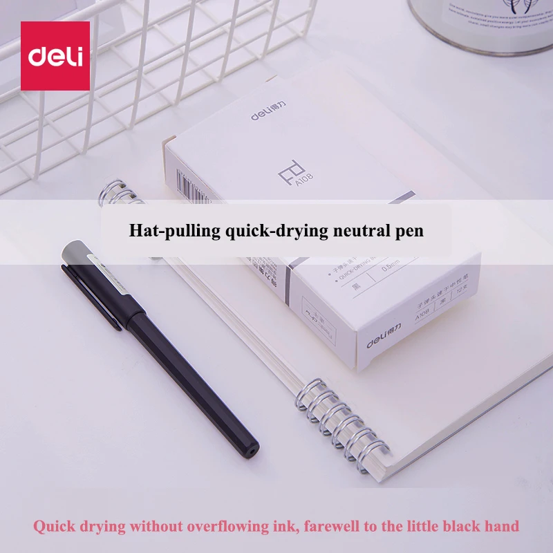 

1PCS & 6PCS Deli A108 Quick-drying Gel Pen with Cap 0.5mm Black Signature Pen Students Office Write Smoothly writing pen