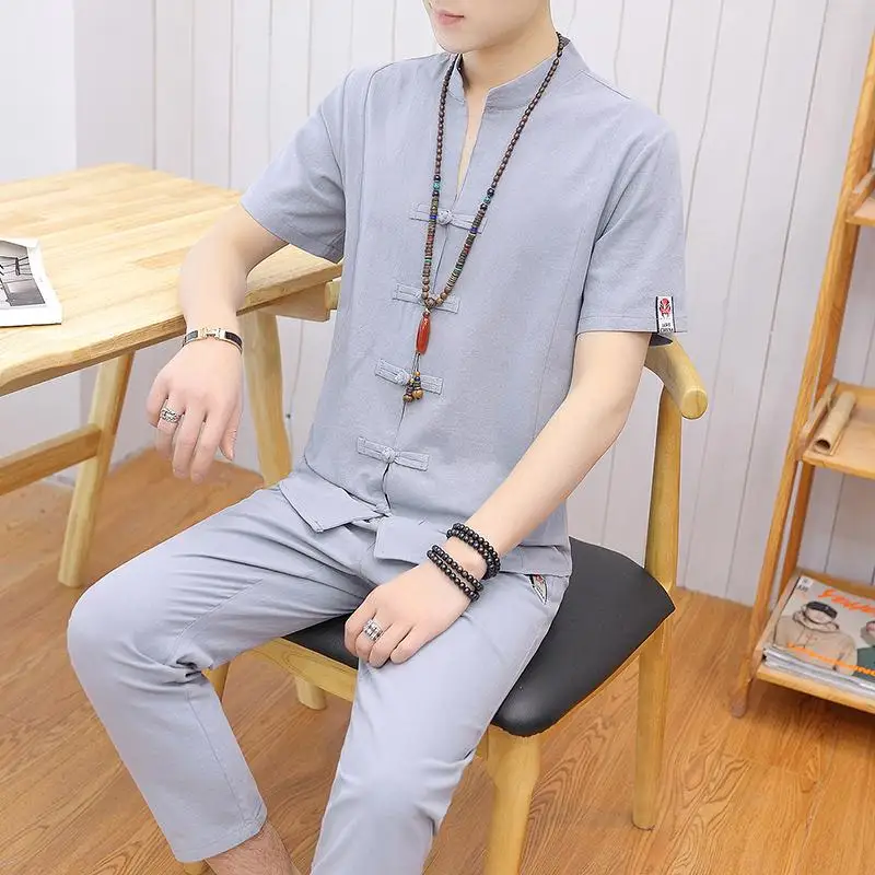 Loldeal Short-sleeved Shirt + Nine Pants Men's Suit V-neck Casual Shorts Summer Button Chinese Linen Harajuku | Мужская одежда