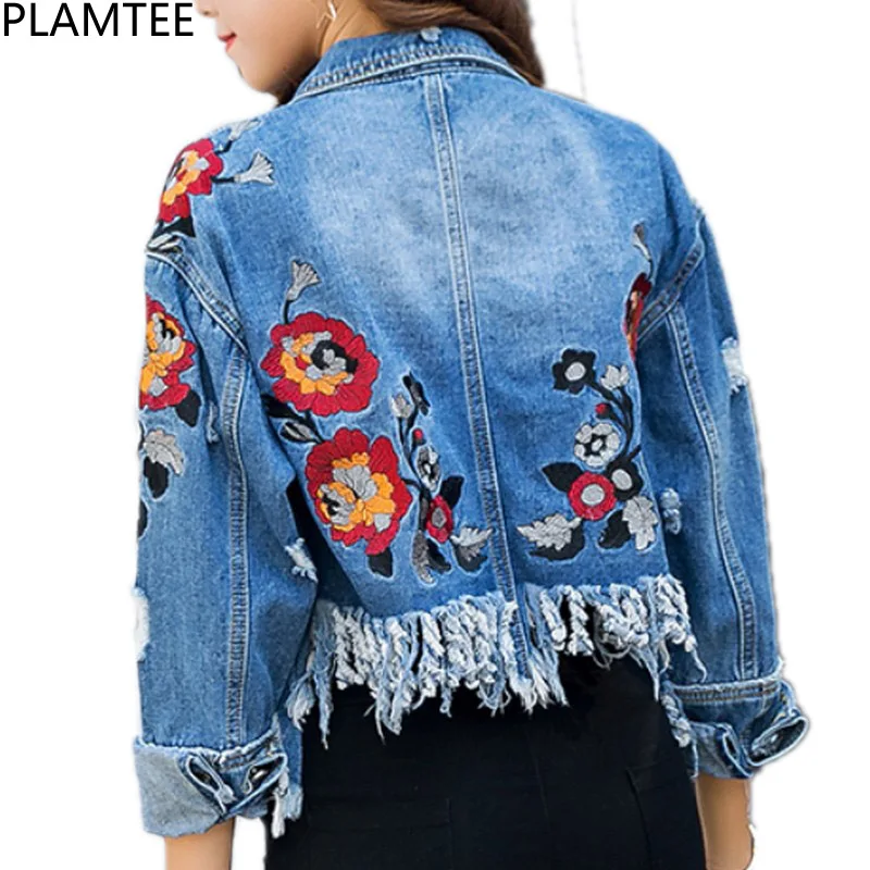 PLAMTEE Emroidery короткие джинсовые женские куртки цветочный с длинным рукавом джинсы