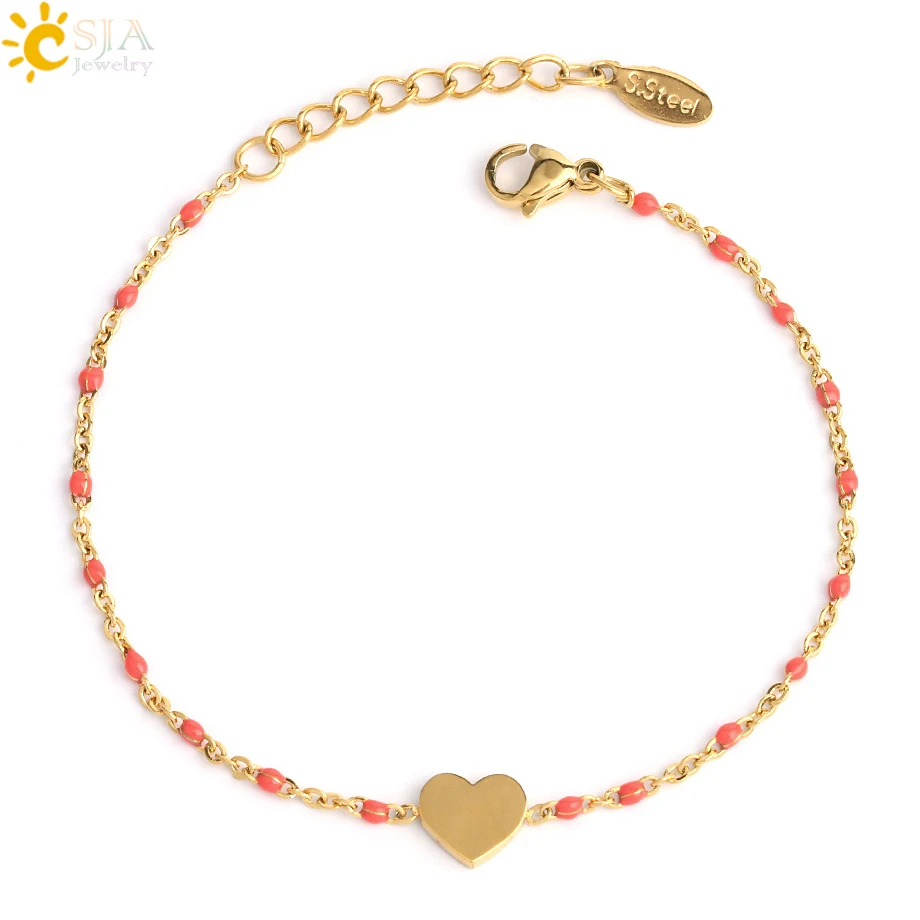 Rose Red CSJA браслеты из нержавеющей стали для женщин Miyuki браслет золотого цвета звено цепи Любовь в виде сердца, для влюбленных девушки модные ювелирные изделия S412 - Окраска металла: Rose Red