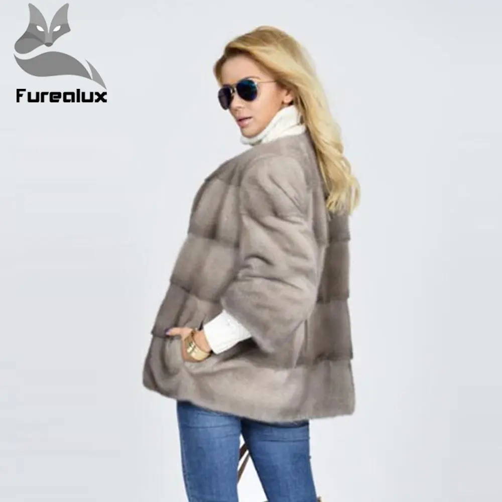 Новая шуба Furealux из натурального меха норки для женщин теплая Модная цельного с