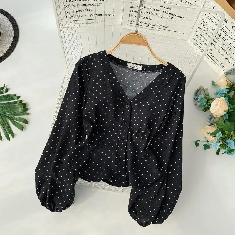 Милые весенние новые шифоновые рубашки в горошек с v образным вырезом и длинным