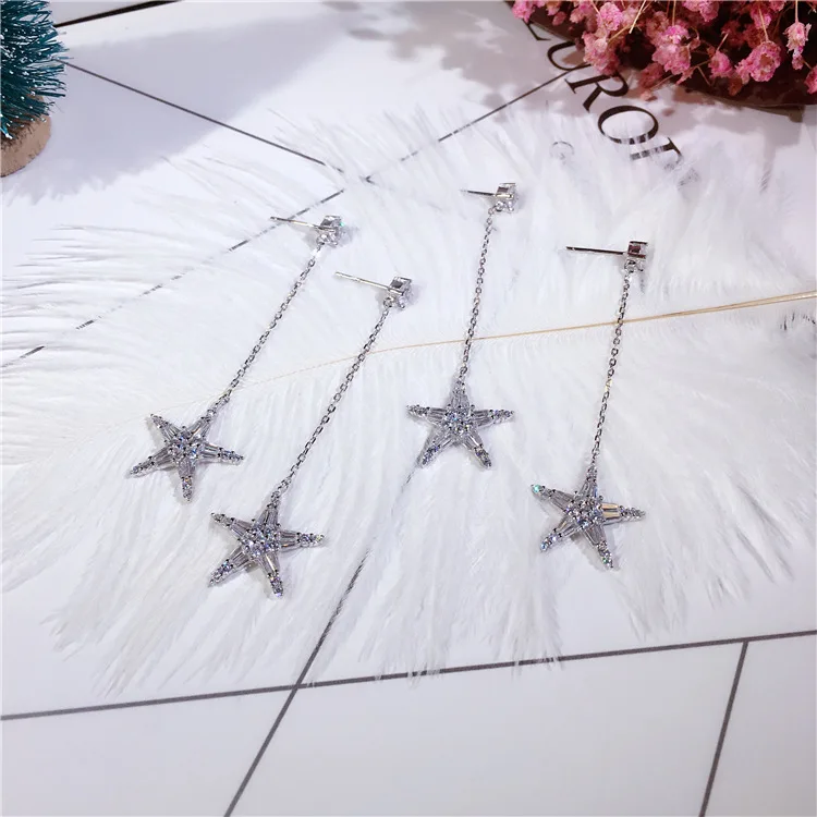 

2019 New Arrival Long Tassel Sparkling Zircon Pentagon Dangle Earrings Real 925 Sterling Silver Quality Earrings for Women