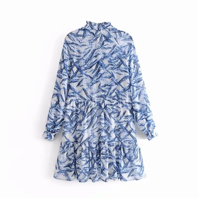 2019 для женщин мода с длинным рукавом перо печати повседневное свободные оборками