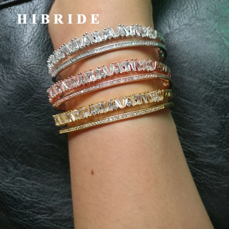 

HIBRIDE New Design Dubai Jewelry Women Baguette Bangles&Bracelets Cubic Zirconia Adjustable Link Cuff Bangle For Female B-108