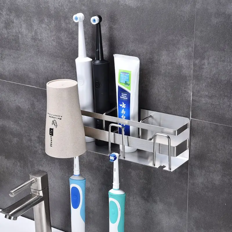 Stainless Steel Toothbrush Holder Toothpaste Stand Rack Adhesive Bathroom Organizer