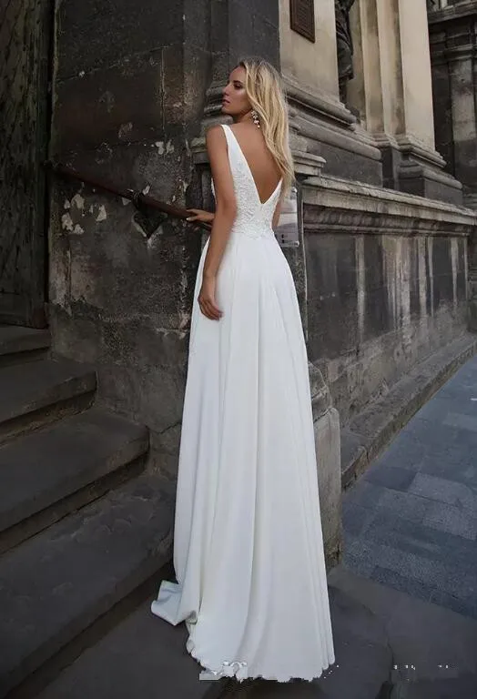 2019 Simple Elegant White A Line Cheap Wedding Dresses Satin Lace V Back Beach Country Bridal Gowns Custom Made Wedding Gowns