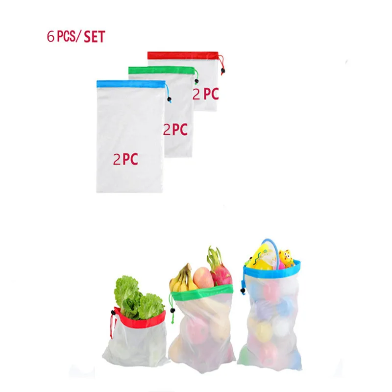 

6pcs/set Reusable Polyester Mesh Produce Bag Fruit Vegetable Shopping Organize Bag Washable Durable Grocery Tote Carry Pouch Bag