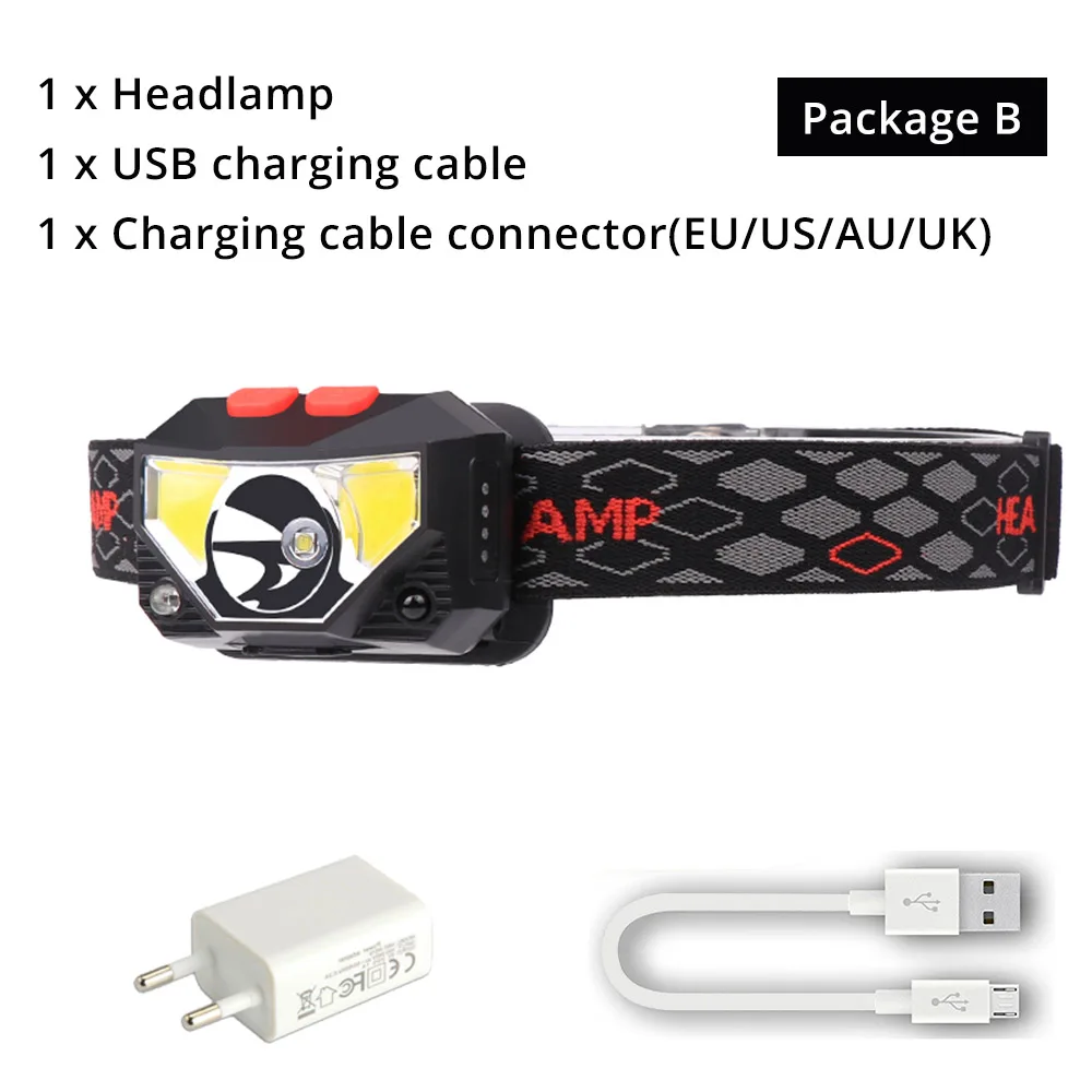 Package B Супер яркий светодиодный налобный фонарь встроенный Индуктивный датчик перезаряжаемый светодиодный налобный фонарь с usb-кабелем для зарядки для бега, рыбалки и т. д - Испускаемый цвет: Package B
