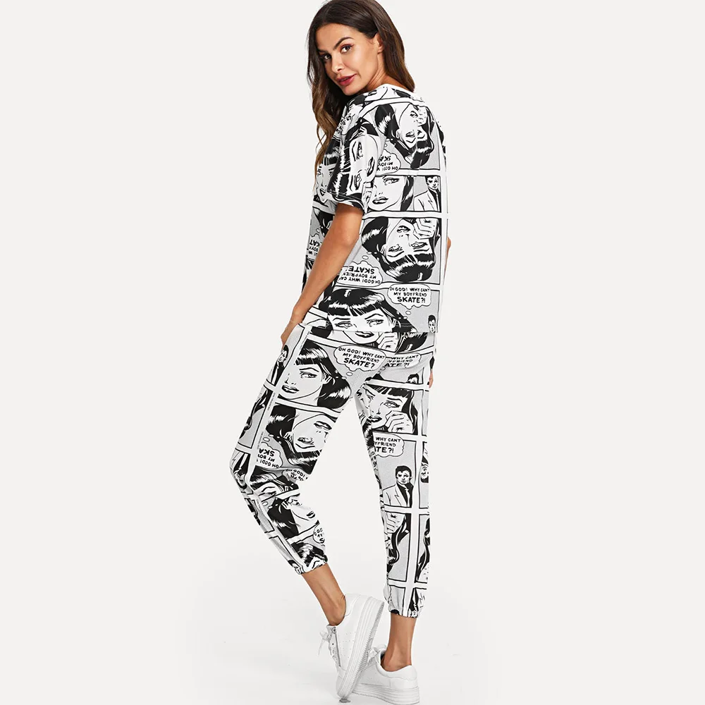 Новинка весны 2019 комплекты с принтом в стиле панк рубашки круглым вырезом и