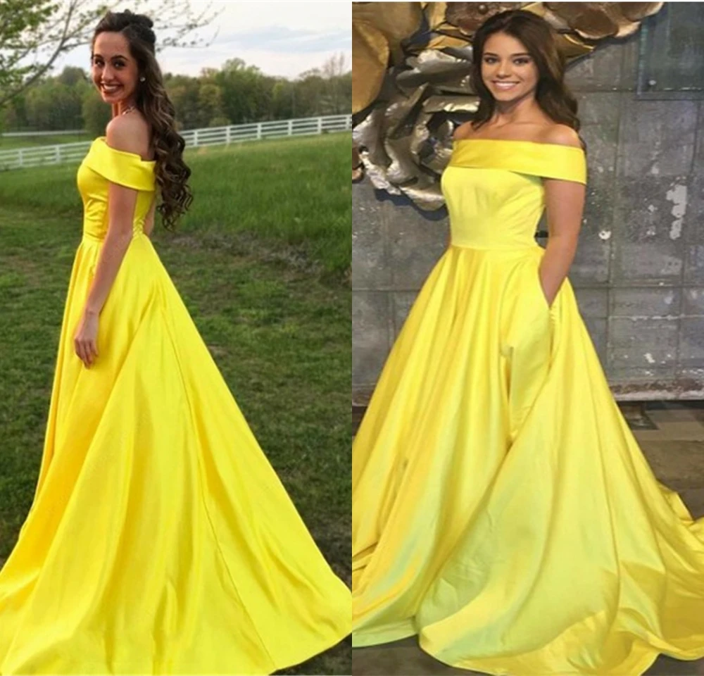 

Long Off Shoulder Evening Dresses 2019 Long Floor Length Prom Party Gowns Charming Bright Yellow A Line Satin Vestidos de fiesta