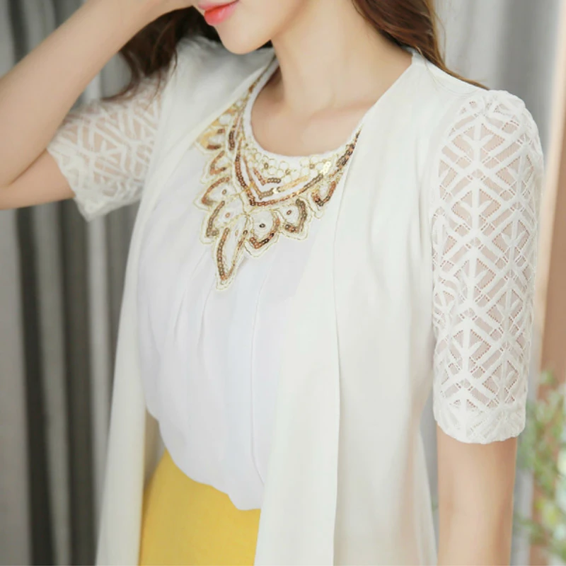 Модная весенне летняя куртка пальто для женщин топы шифоновая кружевное с бантом