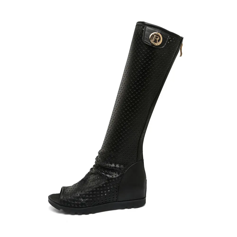 Fashion hollow gladiator Peep toe knee high Boots Woman leisure height increasing summer Boots Woman women shoes