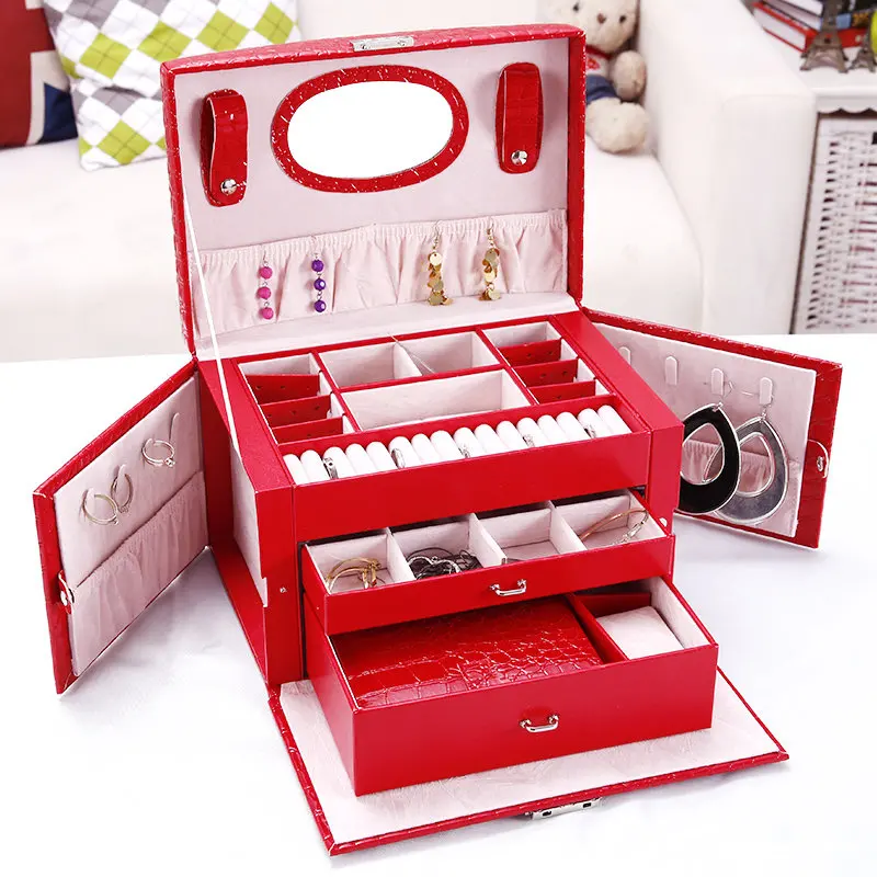 Red with small boxe Новая деревянная шкатулка для ювелирных изделий, серьги, кольца, ожерелье, чехол для хранения, Европа, шкатулка для хранения ювелирных изделий, органайзер, шкатулка для украшений для девочек, подарок - Цвет: Red with small boxe