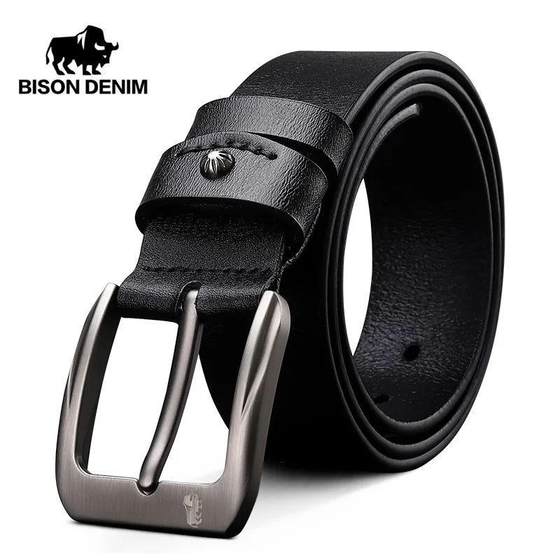 Мужской ремень BISON DENIM винтажный из натуральной коровьей кожи с пряжкой