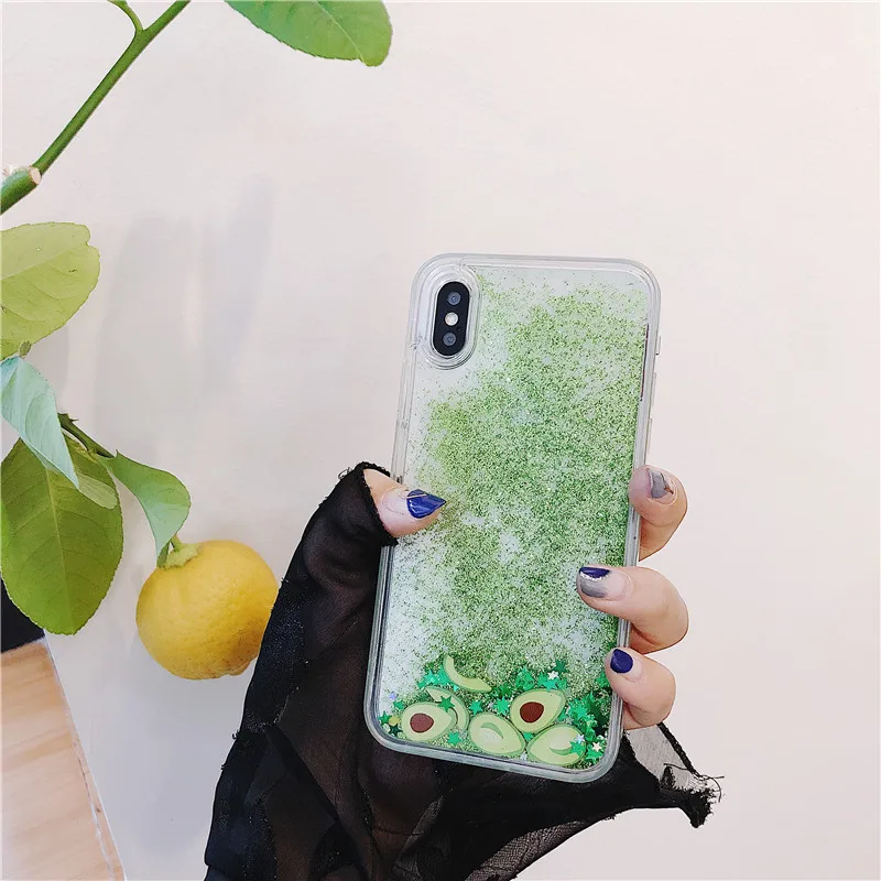 PC + TPU жидкий зыбучий песок чехол для iphone X XR XS Max мультфильм арбуз кактус авокадо 8 7