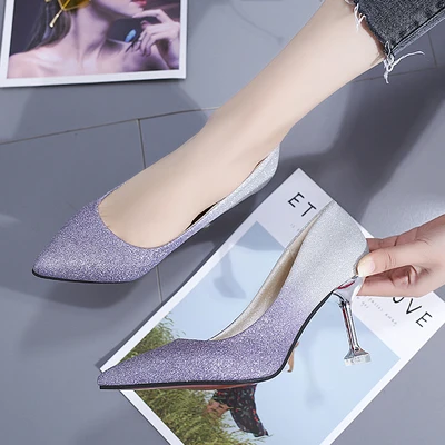 6CM PURPLE Новые туфли на высоком тонком каблуке; женские туфли-лодочки; шикарные свадебные туфли; классические туфли на высоком каблуке 6/9 см; вечерние туфли с острым носком; Цвет Серебристый - Цвет: 6CM PURPLE