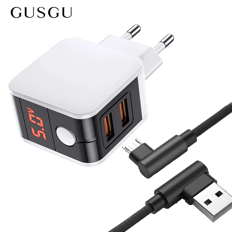 Сетевое зарядное устройство GUSGU с двумя USB портами 90 градусов кабель Micro для