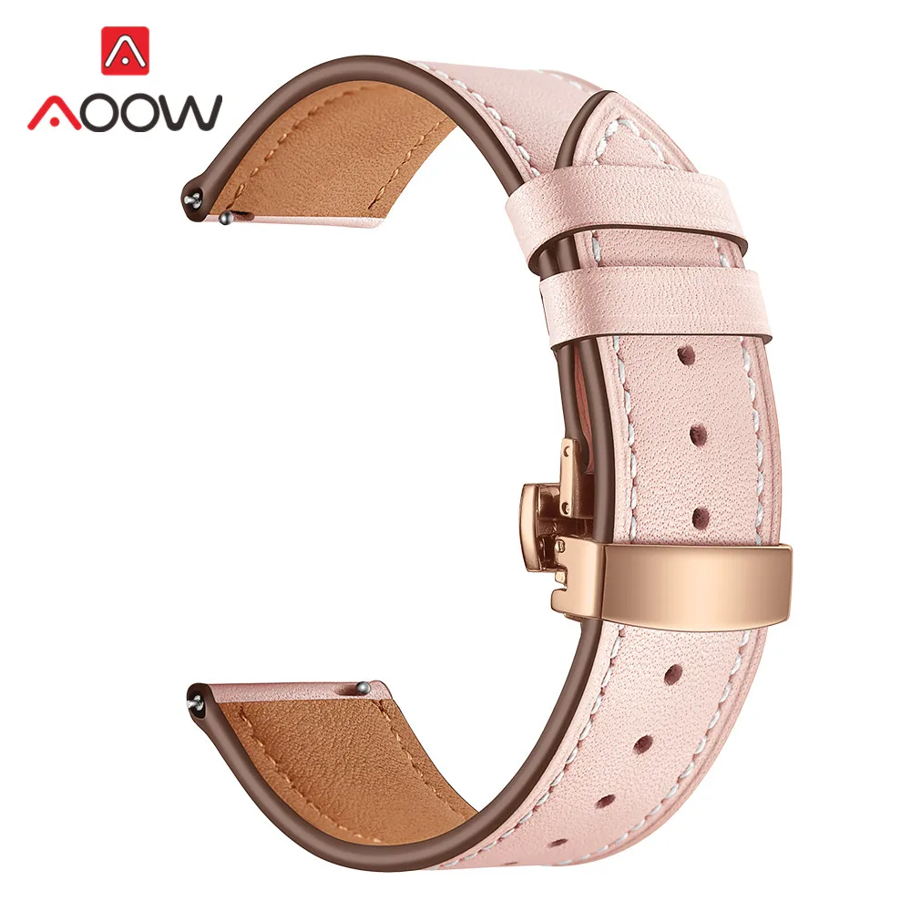 Pink rose gold 20 мм 22 мм ремешок из натуральной кожи для samsung Galaxy Watch Active 42 мм 46 мм Бабочка Пряжка браслет ремешок аксессуары - Цвет ремешка: Pink rose gold