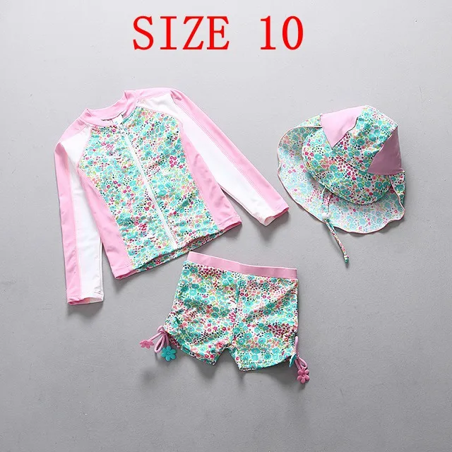 SIZE 10 (115-125CM) От 1 до 14 лет купальный костюм для девочек с цветочным принтом; Детский комплект из двух предметов; купальный костюм для девочек с длинными рукавами и защитой от солнца на молнии - Цвет: SIZE 10 (115-125CM)