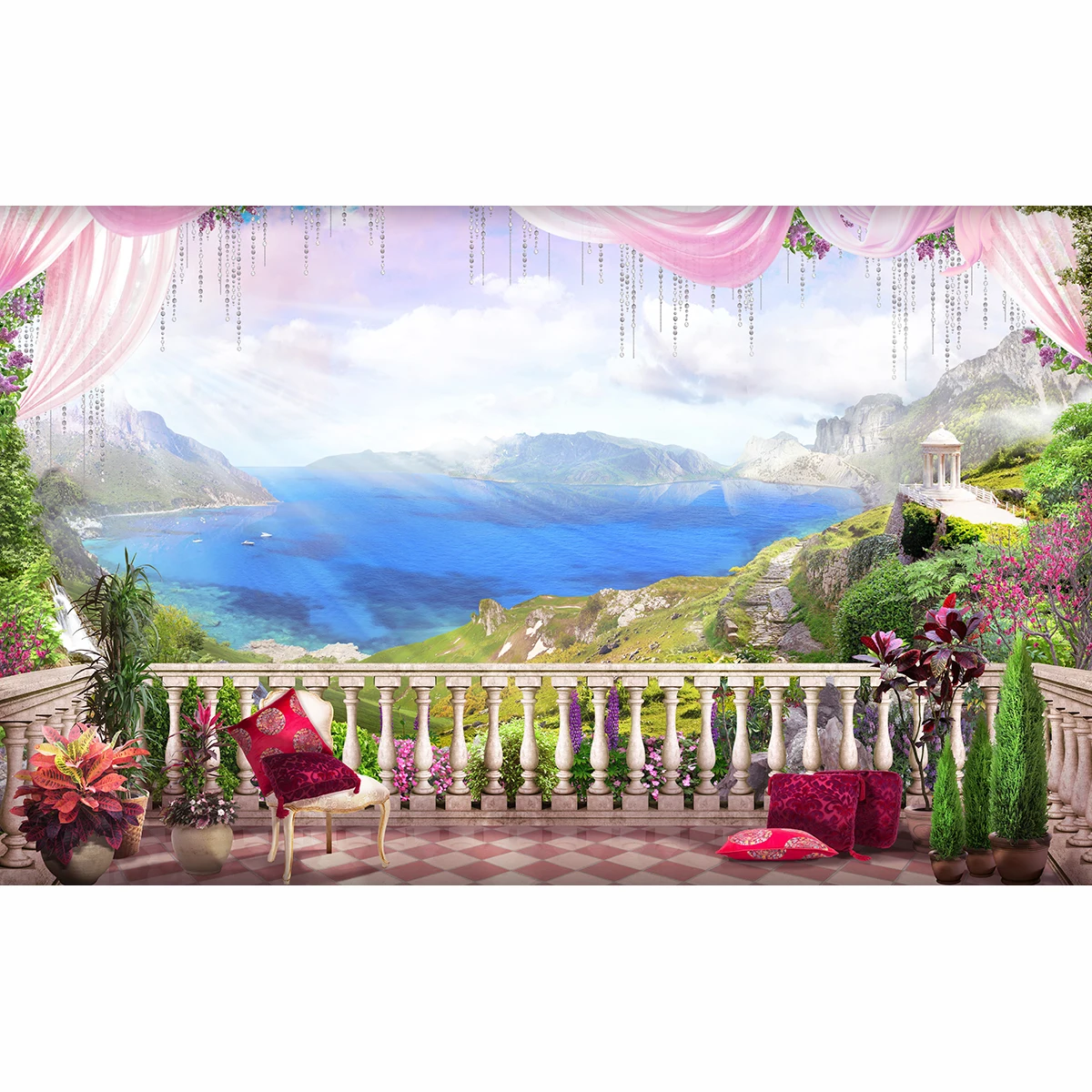 Allenjoy фоны для фотостудии красивый балкон море Красочные Солнце розовые шторы