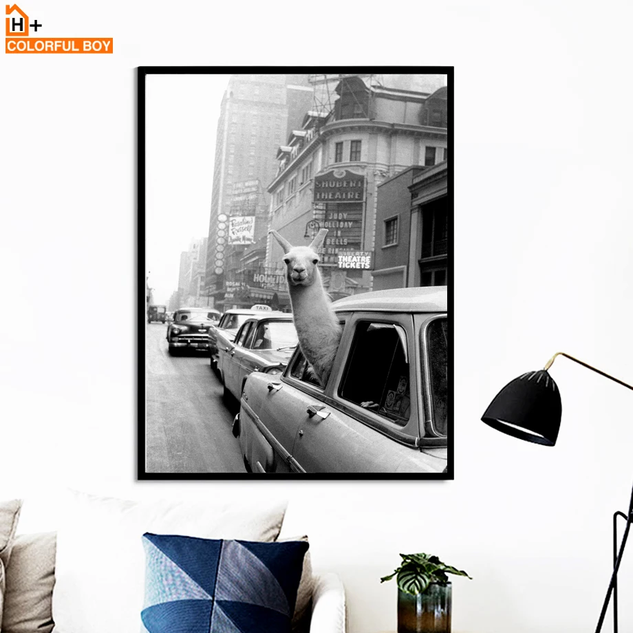 

Llama in a New York City taxi Wall Art Canvas Painting Nordic Posters And Prints Animal Wall Pictures For Living Room Home Decor