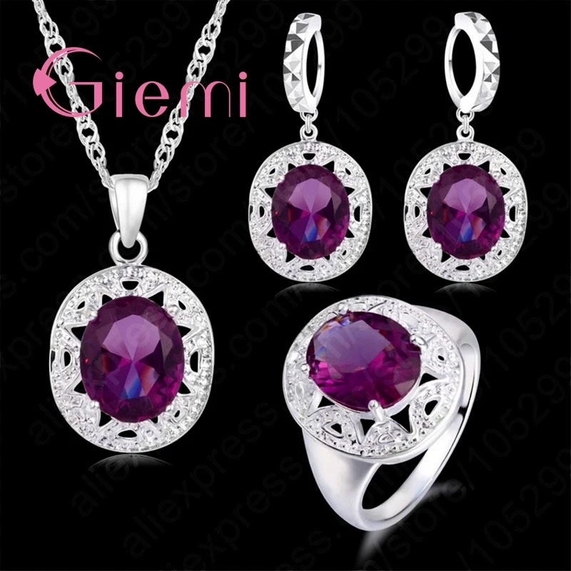 

Beautiful Luxury Red Round Crystal Ring Necklace Earrings 925 Sterling Silver Anniversary Gift Jewelry for Mother