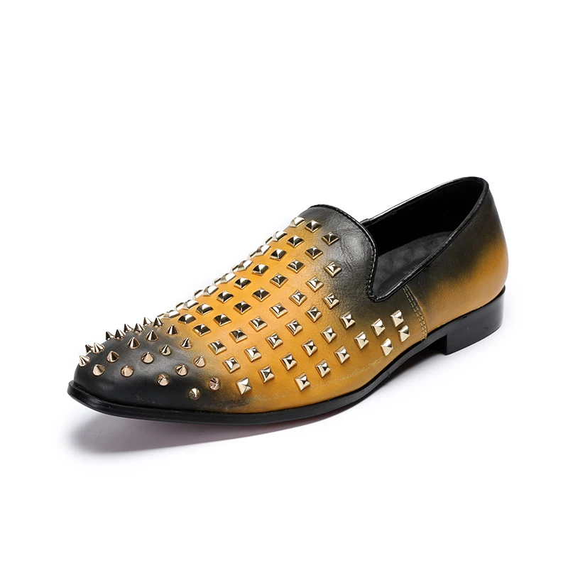 Deification Runway Moccasins Rivets Studded Mens Loafers Slip-On Casual Dress Male Flats Genuine Leather Italian Style Men Shoes | Обувь