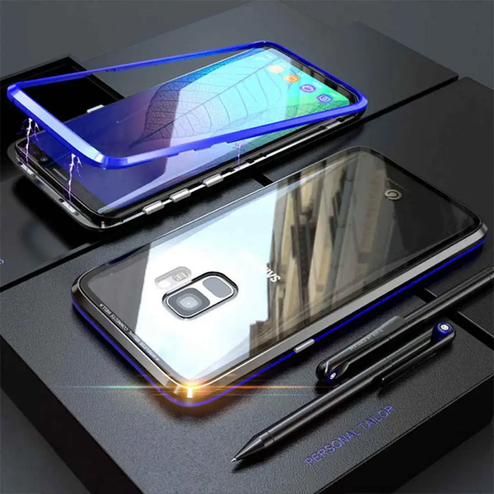 Black Blue IMIDO Магнитный адсорбционный чехол для телефона для samsung Galaxy S9 S8 Plus Note8 S7 Edge металлическое закаленное стекло с магнитом Чехол-книжка - Цвет: Black Blue