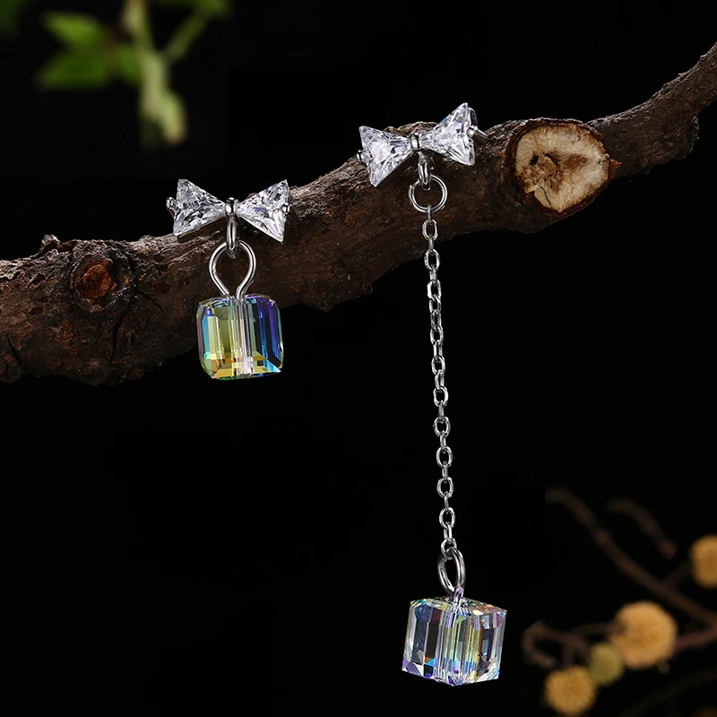 LEKANI Crystals From SWAROVSKI Colorful Cube Beads Drop Earrings Asymmetric S925 Silver Piercing For Women Gifts Fine Jewelry | Украшения и