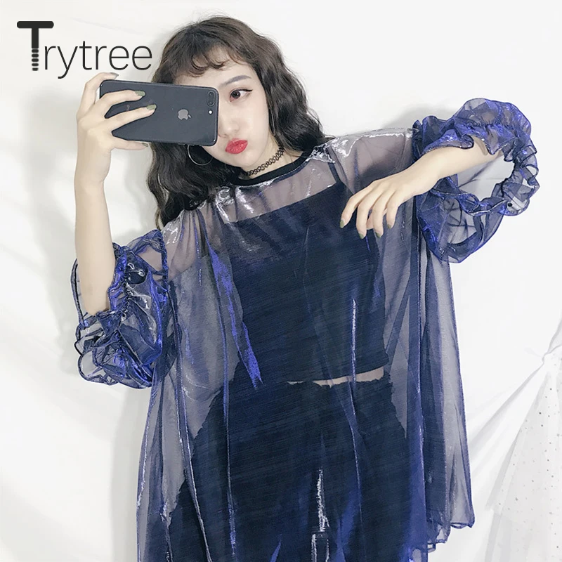 Trytree летнее платье повседневное женское с круглым вырезом и рукавом фонариком в