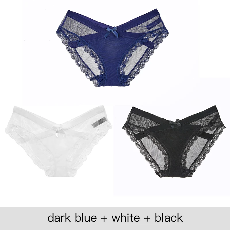 BlueWhiteBlack Сексуальные трусики женские прозрачные кружевные Мягкие Бесшовные нижнее белье женские трусы размера плюс женские трусики дышащего размера плюс 3 шт./лот - Цвет: BlueWhiteBlack