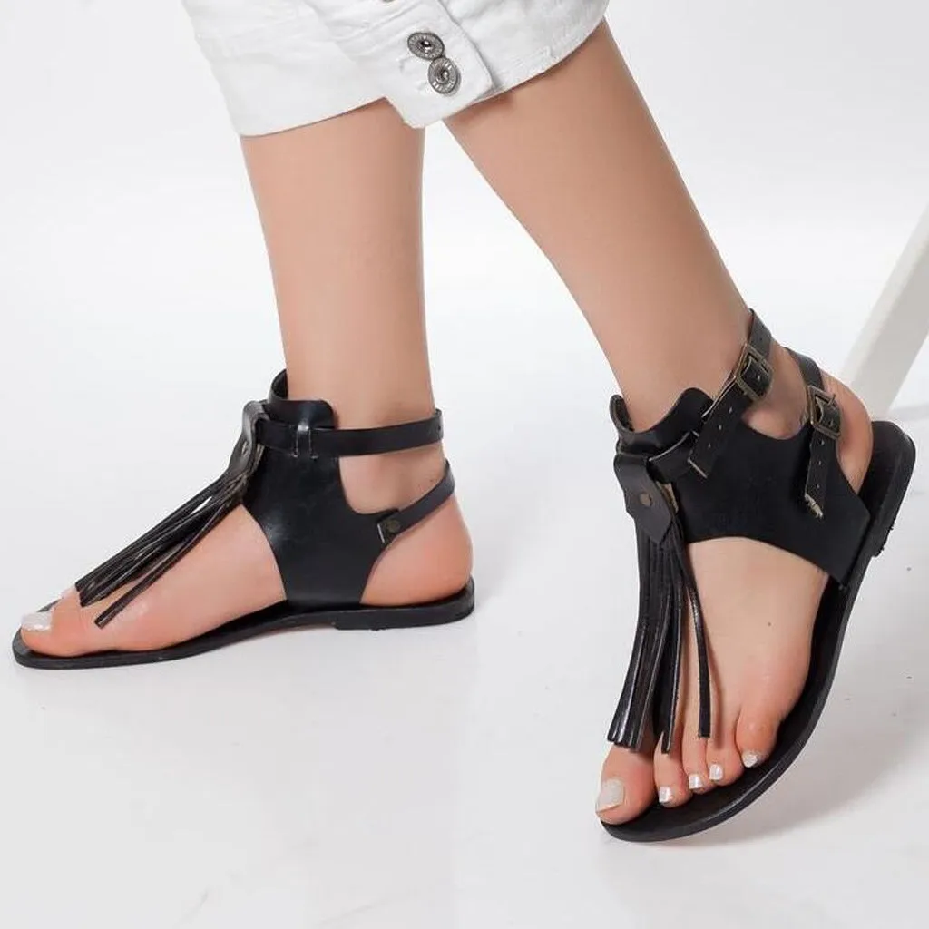 Женские босоножки на платформе с двойной пряжкой в римском стиле кисточками лето